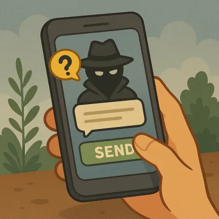 Mano sosteniendo un smartphone mostrando un personaje enmascarado con impermeable y sombrero, representando a un remitente anónimo. Se ve un globo de diálogo con un signo de interrogación, así como un botón verde marcado como 'ENVIAR', sugiriendo el envío de un mensaje anónimo.