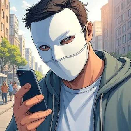 Un hombre con una máscara blanca y una sudadera con capucha mira su teléfono móvil en una calle de la ciudad. La imagen está realizada en un estilo de dibujo animado o cómic.