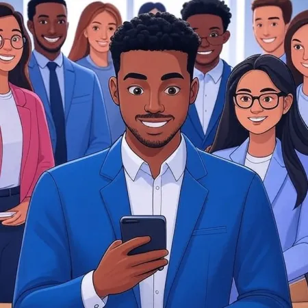 Ilustración de un joven empresario negro sonriendo mientras mira su smartphone, con su equipo al fondo.