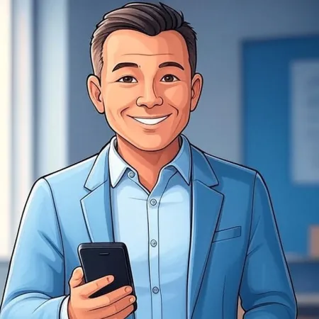 Ilustración de un hombre de negocios sonriente en traje azul sosteniendo un smartphone.