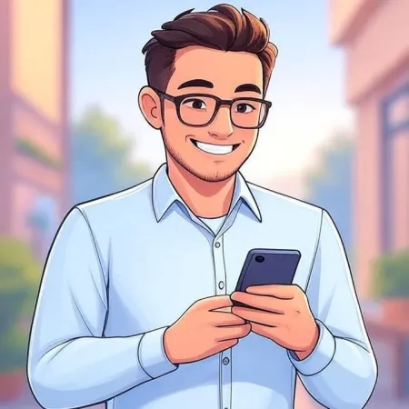 Joven sonriente con gafas y camisa azul, mirando su smartphone.
