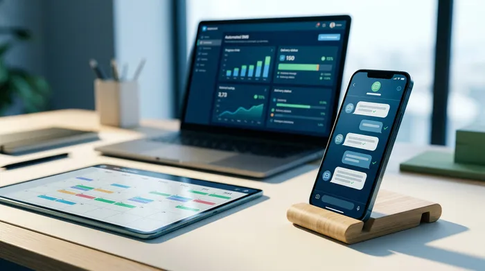 Una imagen dividida en dos, que muestra un smartphone: a la izquierda, una interfaz de mensajería con una opción para programar envíos y, a la derecha, una notificación de recordatorio sobre un escritorio de madera.