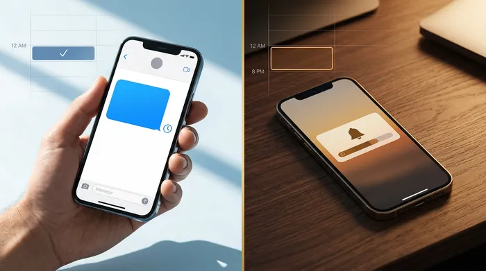 Un smartphone que muestra una aplicación de mensajería, puesto sobre el mesón de madera clara de una peluquería, junto a tijeras profesionales y productos de belleza en el fondo.