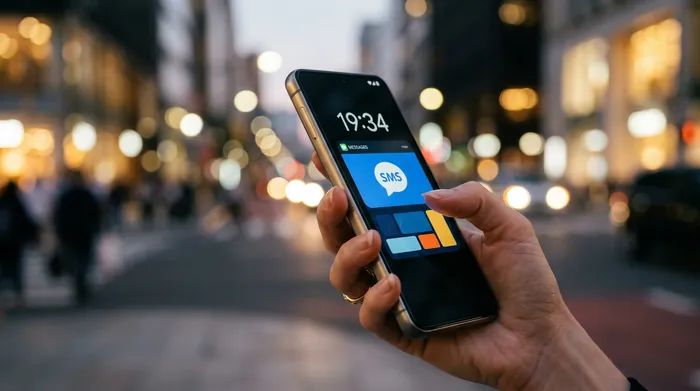 Una persona sosteniendo un smartphone que muestra una aplicación de mensajería, sentada en un escritorio con un notebook, una libreta y una taza de café.