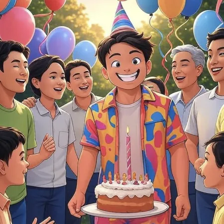 Niño sonriente con gorro de fiesta sosteniendo un pastel con una vela única, rodeado de invitados y globos coloridos al aire libre.