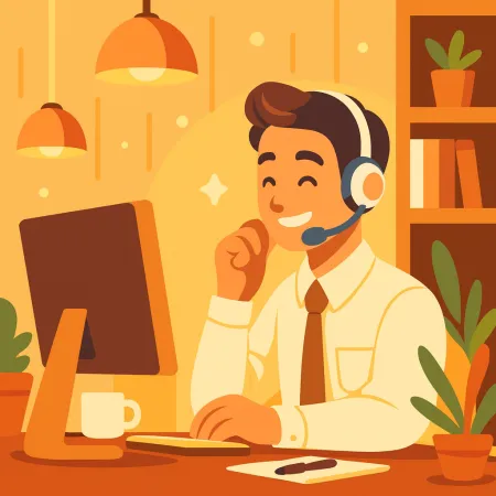 Ilustración de un hombre sonriente con auriculares trabajando en una computadora de escritorio en un ambiente cálido y acogedor con plantas y una taza de café
