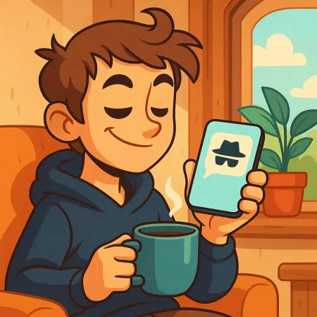 Ilustración de un joven sonriente, sentado cómodamente con una taza de café, sosteniendo un smartphone que muestra un ícono de mensaje anónimo con un sombrero y gafas oscuras.