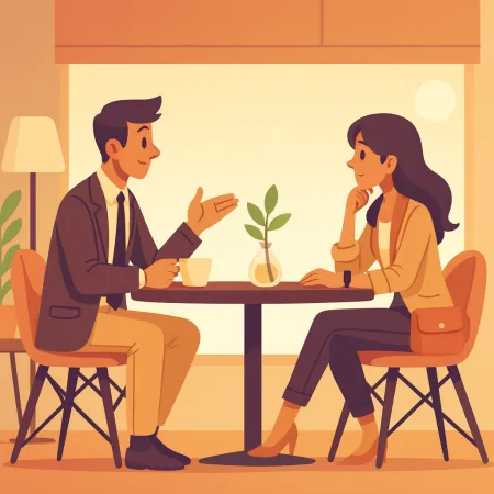 Ilustración de dos personas conversando cara a cara en un café, un hombre con traje y una mujer con un atuendo casual elegante, sentados en una mesa con una pequeña planta en el centro.